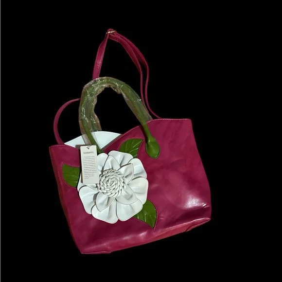 BNWT Vegan Leather Large Pink White Flower Kentucky Derby Bag - Picture 5 of 5